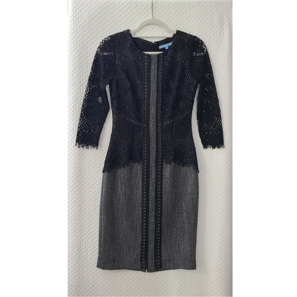 Antonio Melani grey black tweed overlay black floral pattern lace dress